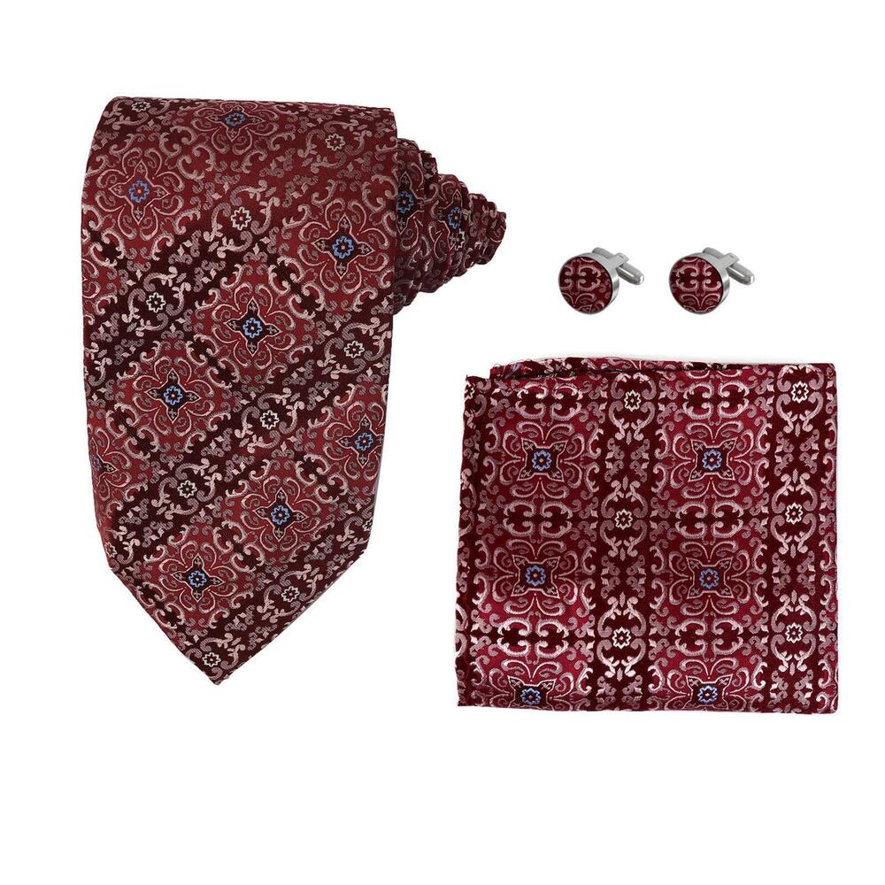 5892 Man Neck Ties Paisley Neckwear Pocket-Square Cuff-Links Set Pink Woven